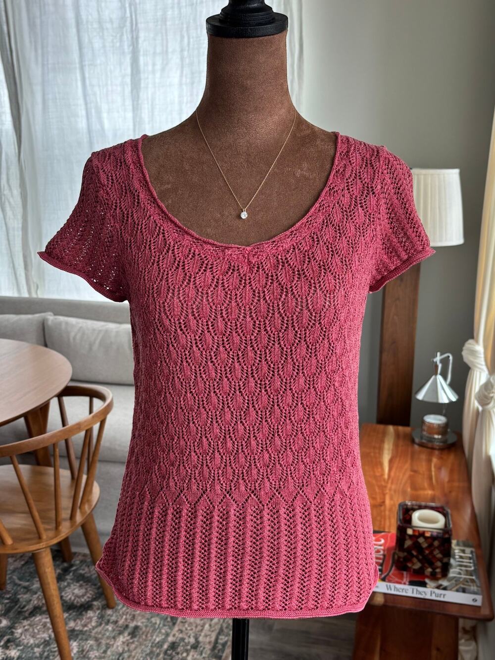 90s Vintage Emma James Silk Blend Crochet Open Knit Top Shimmer Petite Medium